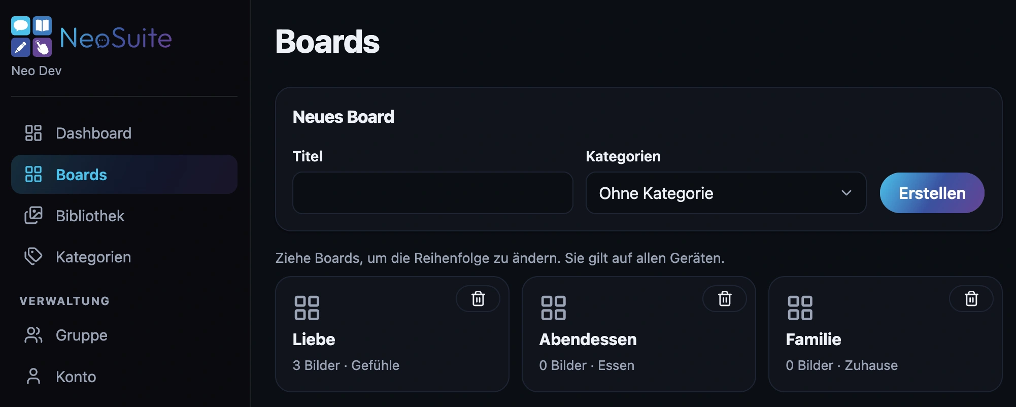 Screenshot of the web administration: board overview with categories and drag-and-drop sorting in the browser