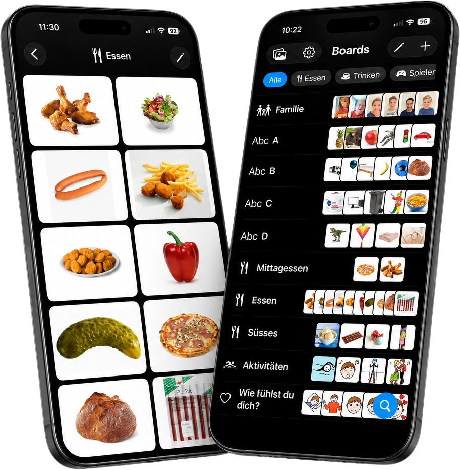 Two iPhones with the NeoPicker app: board overview with categories and an open food board