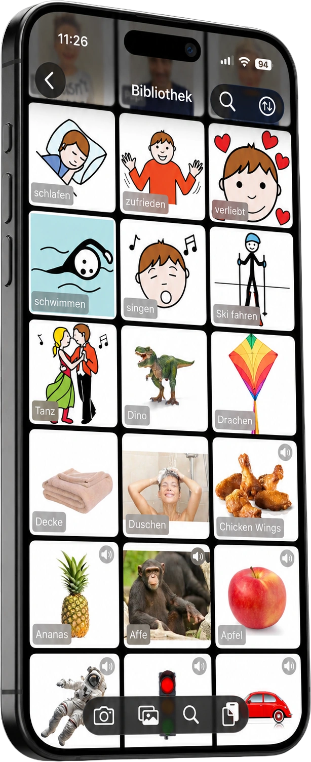 iPhone with the NeoPicker library: a grid of symbols and personal photos such as “sleep”, “swim”, “pineapple” and “apple”