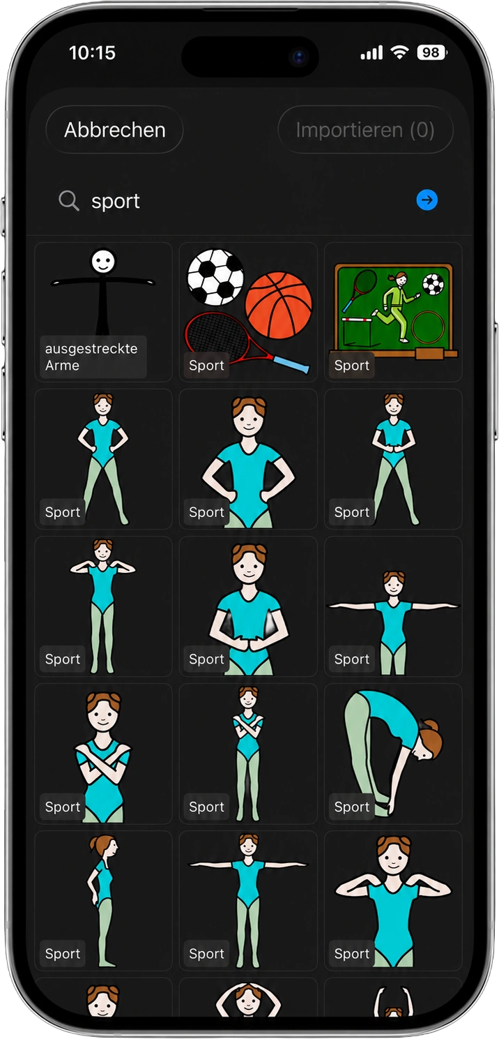 iPhone with the symbol search in NeoPicker: search term “sport” with a grid view of METACOM pictograms to import