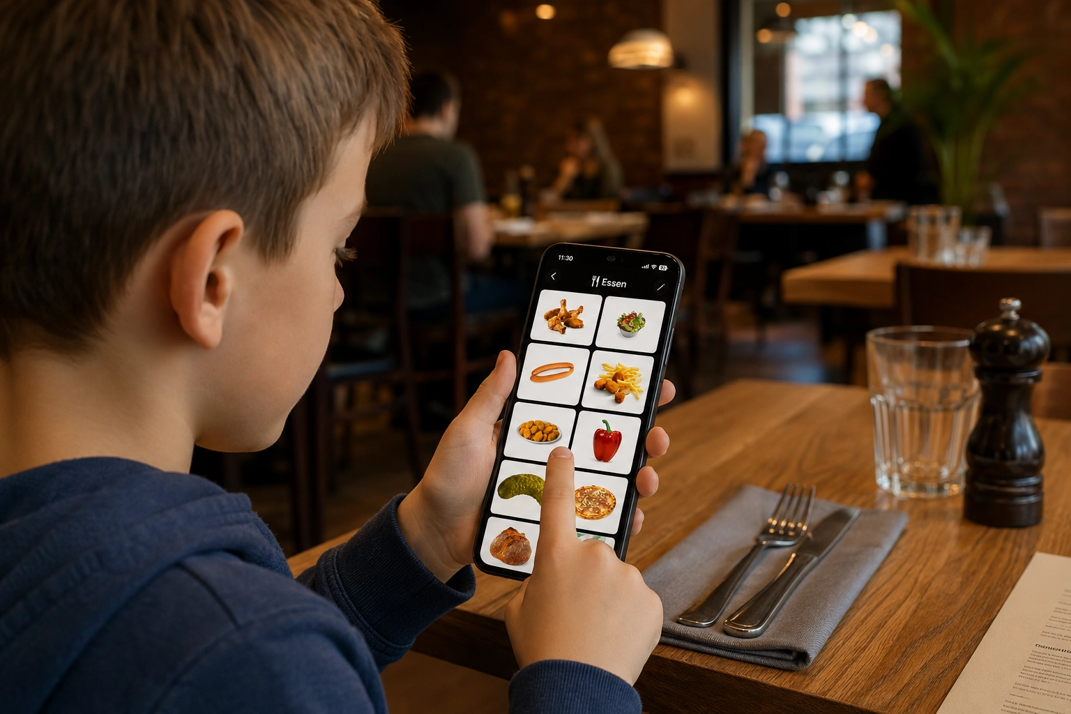 A boy sits in a restaurant and points at the food board on his iPhone to show what he wants to order