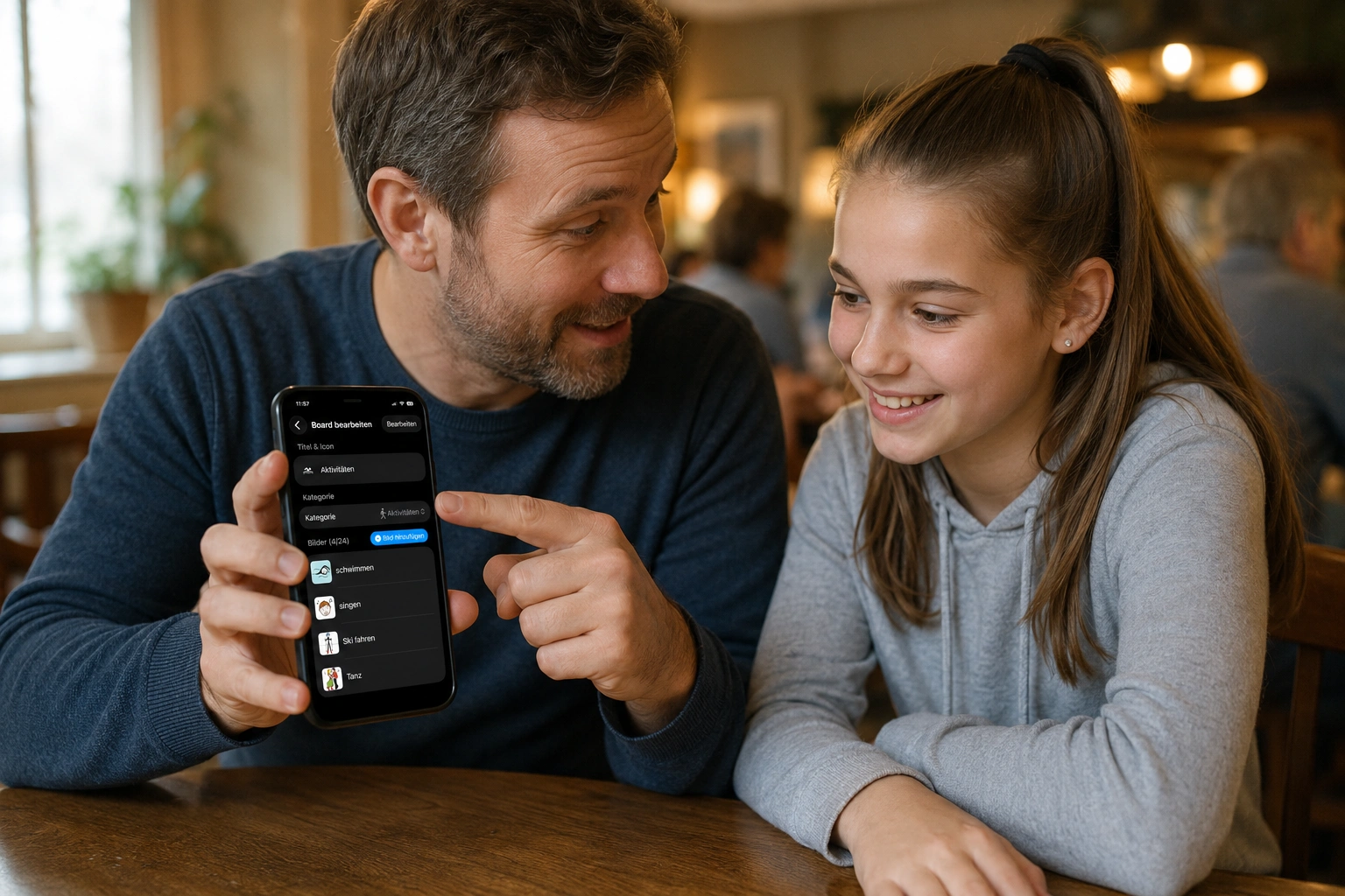 A father shows his daughter on an iPhone how to edit the “Activities” board in NeoPicker